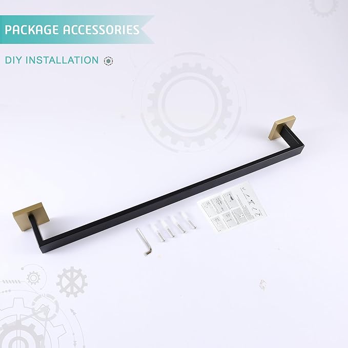LANC Bath Towel Rack, Matte Black and Gold Towel Rail Bathroom Towel Bar Towel Hanger Square Towel Rod Towel Rail 24-Inche Kitchen Towel Holder Wall Mounted SUS304 Stainless Steel,A8804GK-6P1