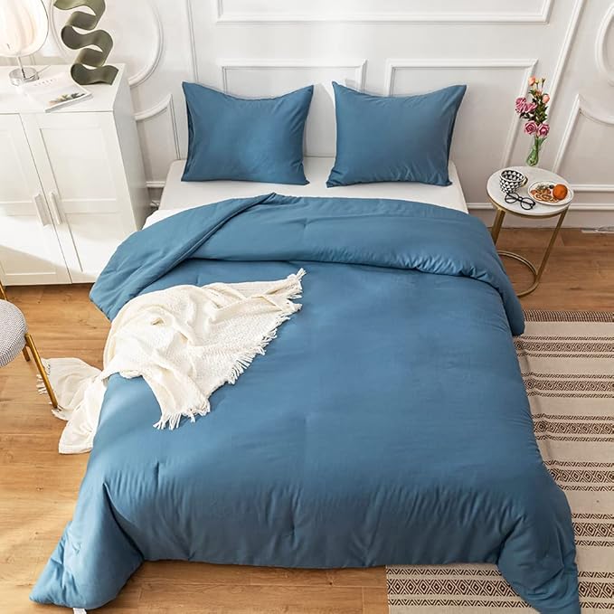 Cottonight Lake Blue Comforter Sets Queen Blue Modern Bedding Comforter Set Full Size Haze Blue Solid Blanket Quilts Lightweight Breathable 3 Piece Bedding Comforter for Alll Ages Season