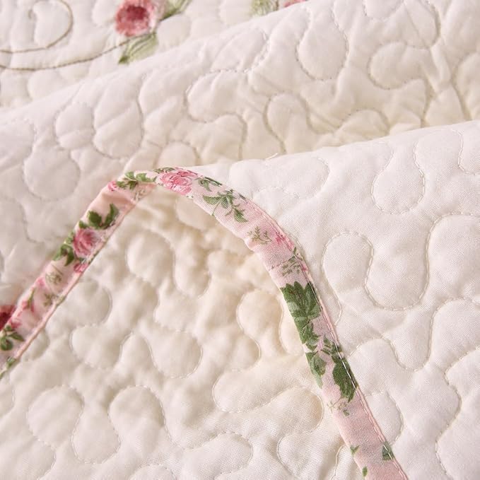 Quilt Set Floral Leaves 3D Embroidery Pattern 3 PCS Cotton Reversible Quilted Embroidered Decorative Bedspreads Coverlet Set, Lightweight &Soft Queen Size Beige Bedding Coverlet for All Season