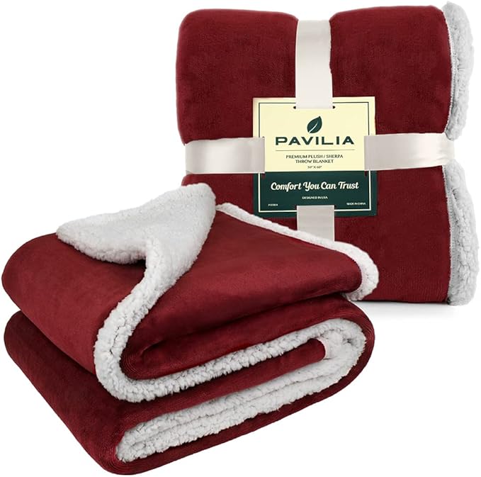 PAVILIA Sherpa Fleece Throw Blanket for Couch, Twin Size, Maroon Red, Plush Soft Fuzzy Sofa Blanket, Cozy Reversible Winter Throw for Women Men, 60x80 Inches
