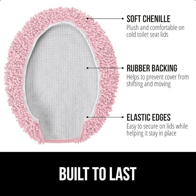 GORILLA GRIP Soft Chenille Bathroom Toilet Lid Cover, Machine Washable Seat Covers, 19.5x18.5, Stays in Place Rubber Backing, Fits Most Round, Elongated and Oblong Lids, Accessories Decor, Light Pink