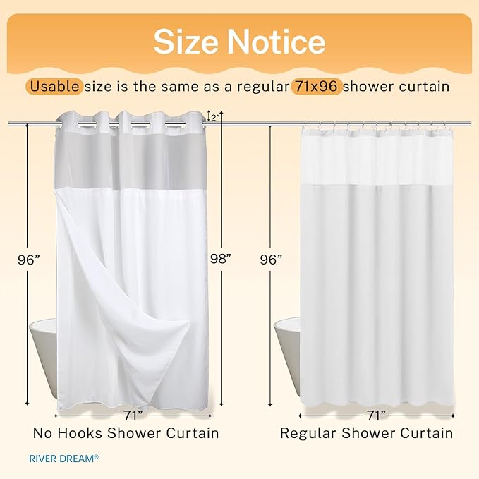 River Dream Heavyweight No Hooks Required Dotted Waffle Weave Shower Curtain with Snap in Liner - 71W x 98H,Hotel Grade,Spa Like Bath Curtain,White