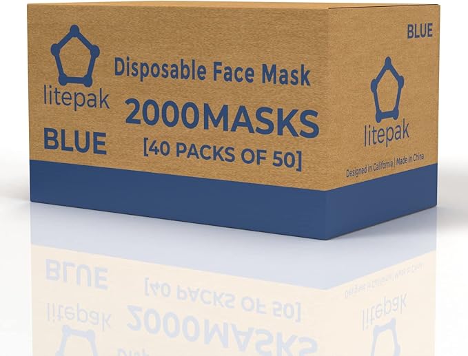 Litepak 2000pcs Disposable Face Masks Black 3-Ply Adult Mask Nose Wire Protection - Breathable Protective Face Covering