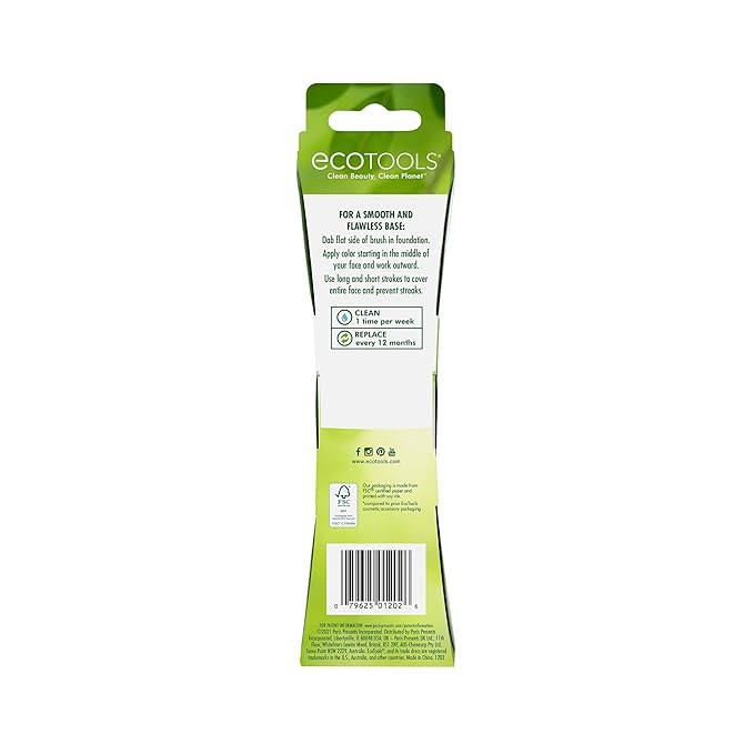 EcoTools Classic Foundation Face Brush, For Liquid, & Cream Foundation, Flat Foundation Brush, Makeup Brush For Natural Makeup, Buildable Coverage, Synthetic Bristles, Cruelty- Free, 1 Count