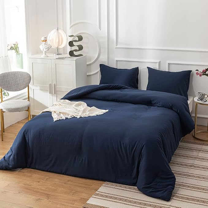 Cottonight Navy Blue Comforter Queen Set Dark Blue Bedding Comforter Set Full Solid Navy Blanket Quilts Men Boys Breathable Soft Navy Blue Comforter with 2 Pillowcases