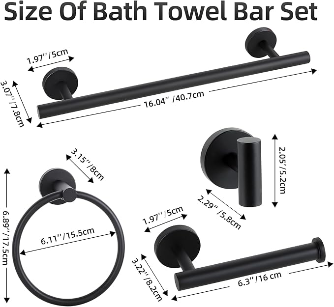 Matte Black Bathroom Hardware Set, Bathroom Towel Holder Bar Set 5 Pieces, SUS304 Stainless Steel Bathroom Towel Rack Set Wall Mounted-16 Inch Towel Bar, Toilet Paper Holder, Towel Hooks, Towel Ring