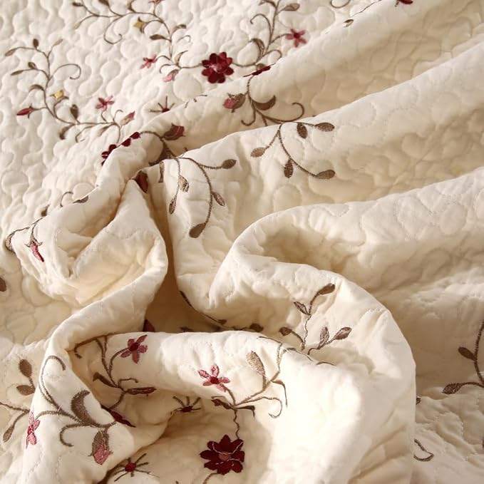 Quilt Set Floral Leaves 3D Embroidery Pattern 2 PCS Cotton Reversible Quilted Embroidered Decorative Bedspreads Coverlet Set, Lightweight &Soft Queen Size Beige Bedding Coverlet for All Season