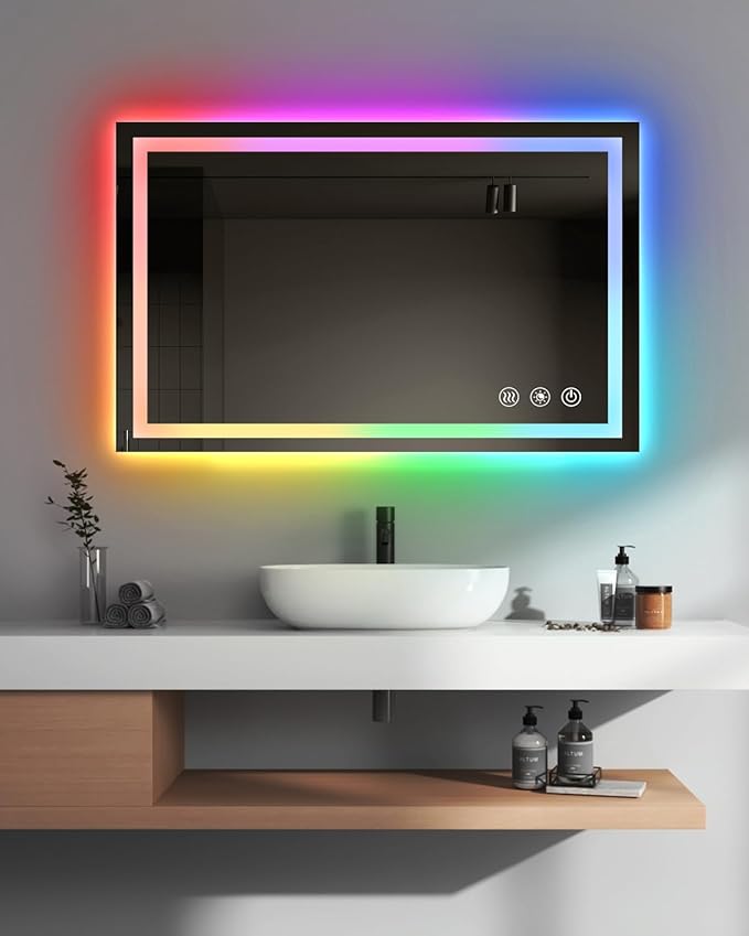 oneup 40x32 Inch LED Bathroom Mirror,RGB Color Changing Bathroom Mirror with Lights,Anti-Fog Wall-Mounted Vanity Mirrors,Smart Dimmable Multicolor Lighted,IP54 Waterproof (Horizontal/Vertical)