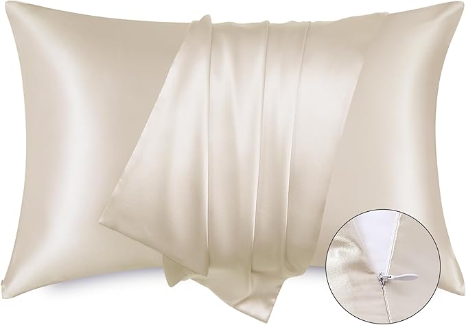 Bedsure Satin Pillowcase with Zipper, Similar to Silk Pillow Cases 2 Pack, Silky & Soft Satin Pillow Case Standard Size for Hair and Skin, Christmas Room Decor Gifts for Women Men, Beige, 20x26 Inches