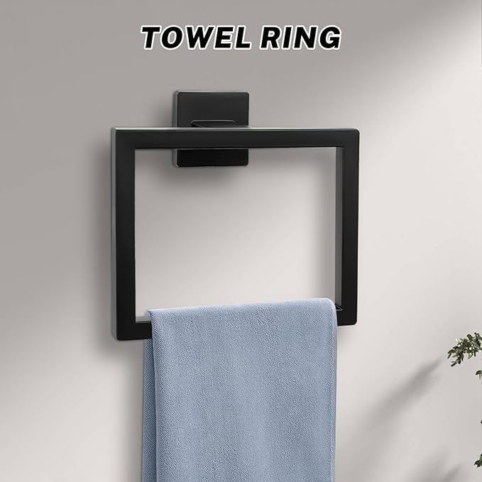 Matte Black Towel Bar Set 5-Piece Bathroom Hardware Accessories Set Includes 23.6 Inch Towel Bar,Toilet Paper Holder with Shelf,Square Towel Ring and Coat Hooks Stainless Steel Wall-Mounted