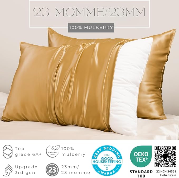 PROMEED 100% 23 Momme Silk Pillowcases Set of 2, Upgraded 3rd Generation 6A+ Mulberry Silk Pillow Case Set of 2, Real Natural Silk Pillow Case Cover 2pcs Set (King 20"x36", Gold)