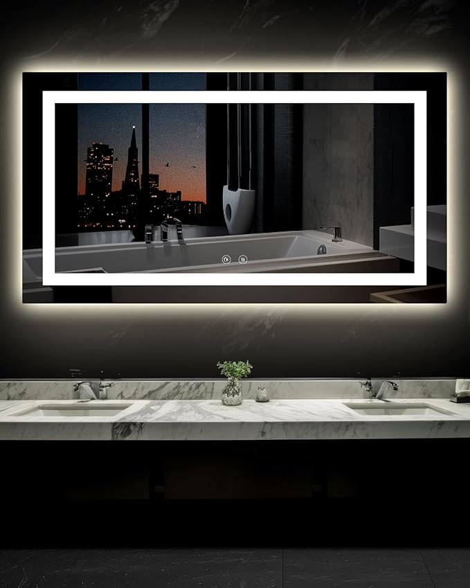 Ensenior LED Bathroom Mirror 55"x 30" with Front and Backlight, Stepless Dimmable Wall Mirrors with Anti-Fog, Shatter-Proof, Memory, 3 Colors, Modern LED Vanity Mirror-ETL & FCC