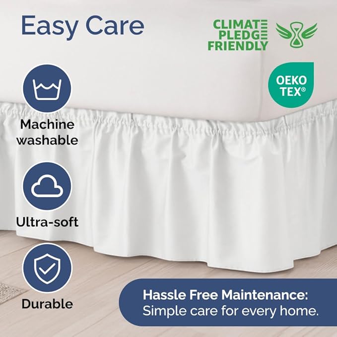 Wrap Around Dust Ruffle Bed Skirt - White - for Queen Size Beds with 18 Inch Drop - Easy Fit Elastic Strap - Adjustable Pleated Bedskirt w/Brushed Fabric - Wrinkle Free - for Women, Men, Kids & Teens