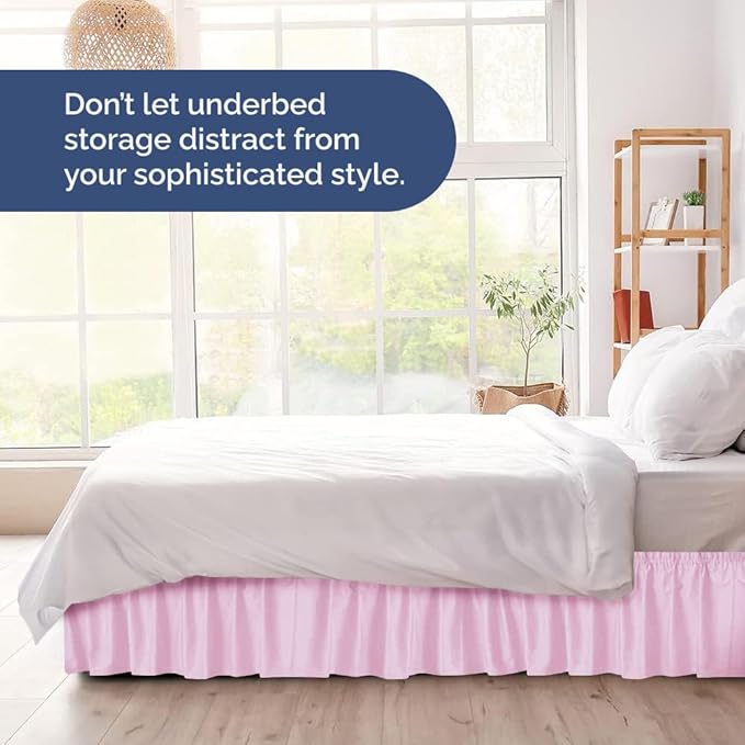 Wrap Around Dust Ruffle Bed Skirt - Light Pink - for Full Size Beds with 15 Inch Drop - Elastic Strap - Adjustable Pleated Bedskirt with Brushed Fabric and Wrinkle Free - for Women, Men, Kids & Teens