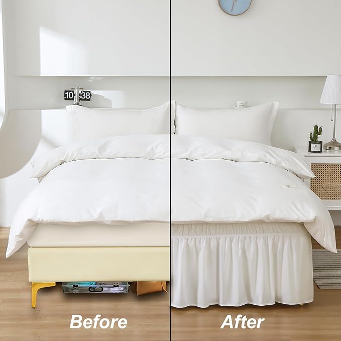 MEILA Wrap Around Bed Skirt Three Fabric Sides Elastic Dust Ruffled 18 Inch Tailored Drop,Easy to Install Fade Resistant-Natural White, Queen/King