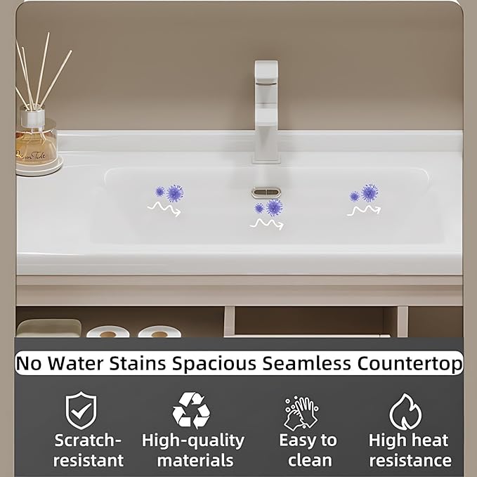 Cream Grey Sophisticated Bathroom Vanity - Bathroom Vanity with Smart Storage & Mirror Cabinet, Defogging, LED Light | Wall-Mounted Bathroom Storage Cabinet & Bathroom Vanity with Sink (Cream, 36IN)