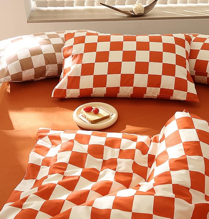 KAREVER Orange White Grid Comforter Set Queen Burnt Orange Plaid Bedding Set Women Reddish and White Checkered Bed Comforter Set Breathable Blanket Set Men Durable Bedding Comforter Set
