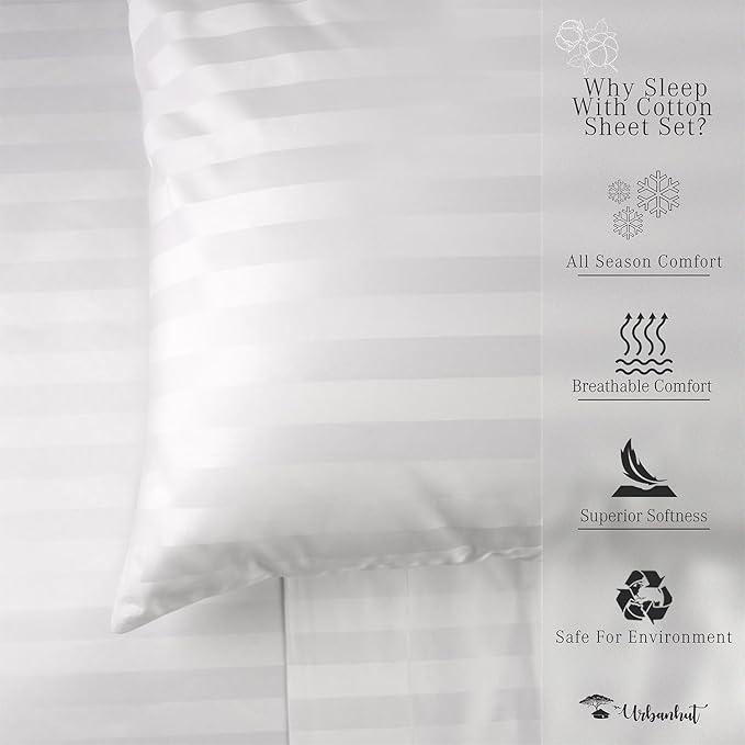URBANHUT 1000 Thread Count Egyptian Cotton Sheets Damask Striped Full Size, Long Staple Soft & Breathable, 4 Pc Bed Sheet Sets, Luxury Hotel Sateen Sheets Fits 16" Deep Pocket - White