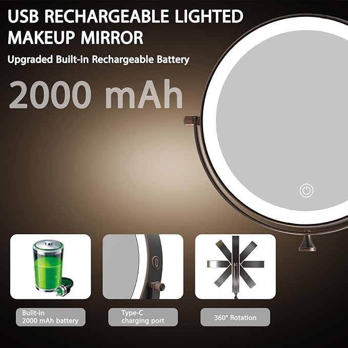 Rechargeable Wall Mounted Lighted Makeup Vanity Mirror 8 Inch Double Sided 1X 10X Magnifying Bathroom Mirror, 3 Color Lighting, Touch Screen Dimming, 360 Rotation Oil Rubbed Bronze