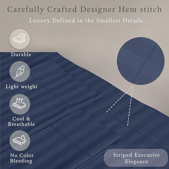 Threadmill 500 Thread Count Full-Size Damask Stripe, 4 Pc Luxury Cotton Sheet Set, Silky Smooth Folkstone Blue Sheets with 16" Elasticized Deep Pocket, 2 Pillowcases & Free Tote Bag