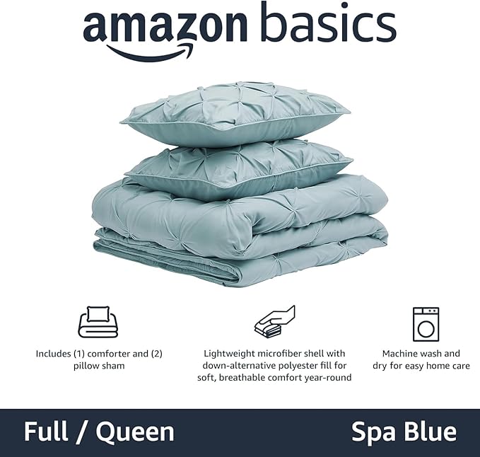 Amazon Basics Soft, Lightweight Queen Size Comforter Sets, All-Season Down-Alternative 3-Piece Bedding Set, Pinch Pleat Design, Full/Queen Size, Spa Blue