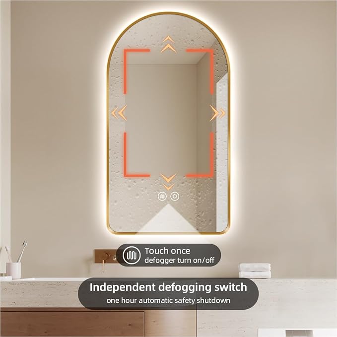 40"L x 30"W Arched LED Bathroom Mirror, Brushed Gold Frame, Backlit Vanity Mirror with Lights, Wall Mounted Lighted Mirror, Dimmable 3-Color Shatter-Proof Arch Smart Mirror, UL-Listed, CRI≥93