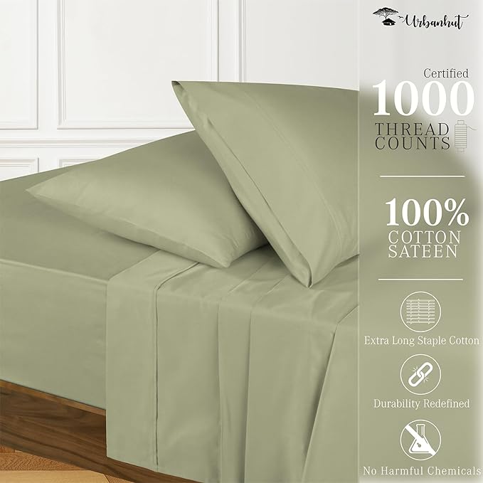 URBANHUT 1000 Thread Count Queen Size Egyptian Cotton Sheets, Long Staple Bedsheets, Soft & Breathable, 4 Pc Bed Sheet Sets, Luxury Hotel Sateen Sheets Fits 16" Deep Pocket - Sage