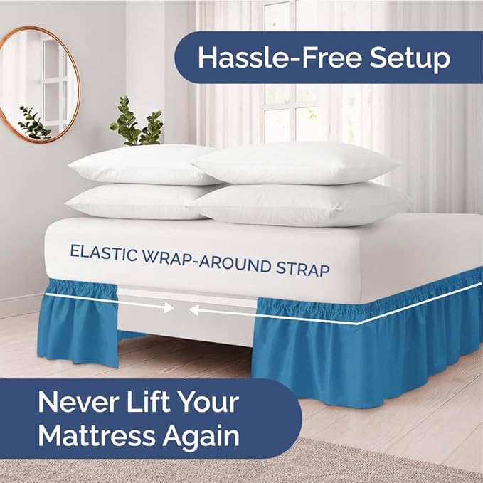 Wrap Around Dust Ruffle Bed Skirt - Denim Blue - for Queen Size Beds with 15 Inch Drop - Elastic Strap - Adjustable Pleated Bedskirt with Brushed Fabric and Wrinkle Free - For Women, Men, Kids & Teens