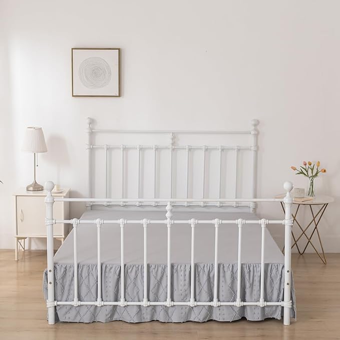Bed Skirt Queen Size Ruffled Bed Skirt with Split Corners, 18 Inch Drop Dust Ruffle Bed Skirts with Platform, Boho Tufted Shabby Chic Full Size Bed Skirts, Light Grey