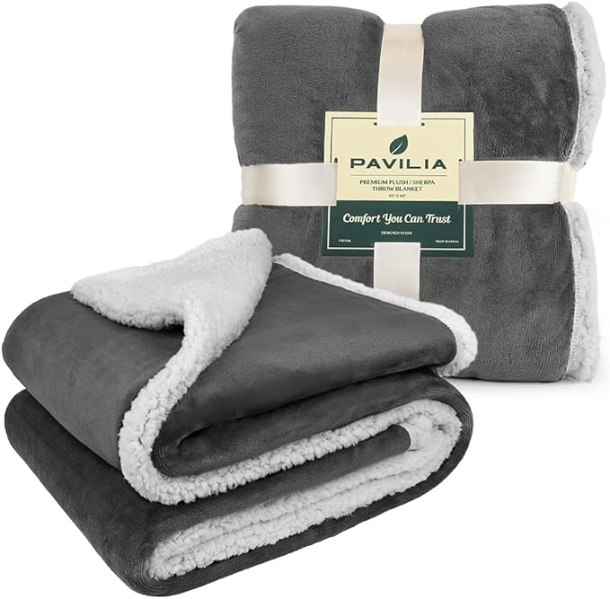 PAVILIA Sherpa Fleece Throw Blanket for Couch, Twin Size, Dark Grey, Plush Soft Fuzzy Sofa Blanket, Cozy Reversible Winter Throw for Women Men, 60x80 Inches