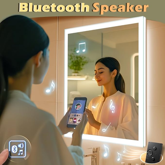 20 x 28 inch LED Bathroom Mirror with Bluetooth Speaker, Induction Switch Light Smart Vanity Mirror Wall Mounted, IP44 Waterproof Anti Fog Vertical & Horizontal