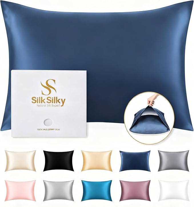 SilkSilky 100% Mulberry Silk Pillowcase - Pure 22 Momme High-Grade 6A Fibers for Hair & Skin, Envelope Closure, Natural, Organic, Breathable & Cooling Pillow Case (King, Dark Blue)