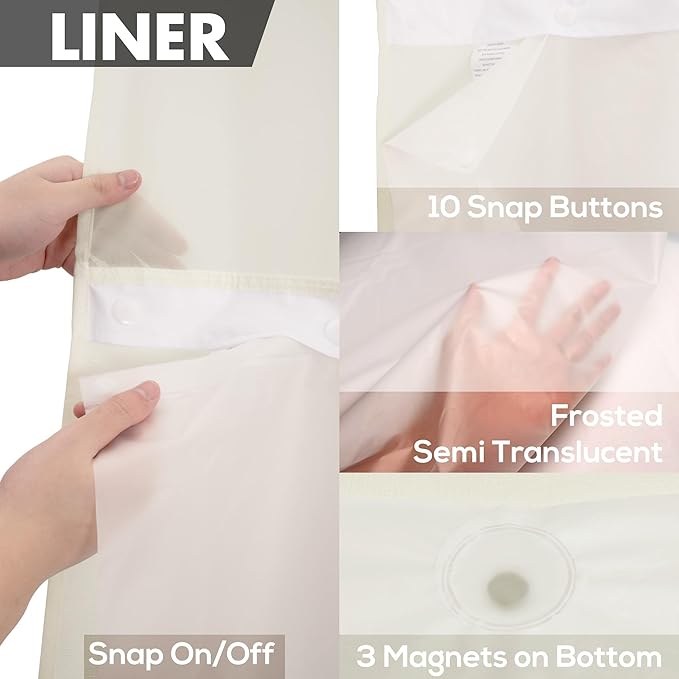 Extra Long No Hook Slub Textured Shower Curtain with Snap-in PEVA Liner Set - 71" x 98"(96"), Hotel Style with See Through Top Window, Cream Fabric Curtain & Waterproof Liner, Sand, W71xH96