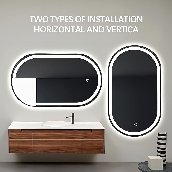 Oval LED Bathroom Mirror, 40"x24" Lighted Wall Mounted Vanity Mirror with Metal Frame, Anti-Fog IP66 Waterproof Smart Mirror, Memory Function, (Horizontal or Vertical), Black
