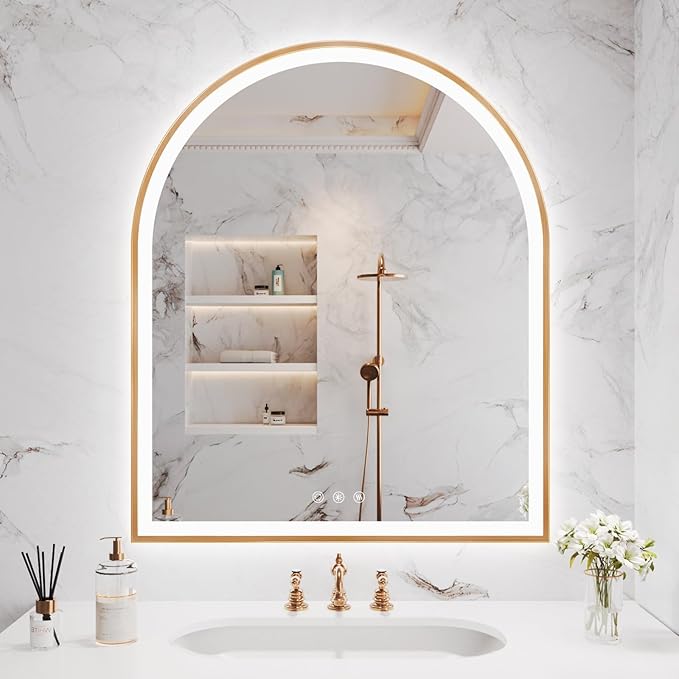 Arched LED Mirror for Bathroom 30"x36", Orange Gold LED Bathroom Mirror with Lights-Fogless, Dimmable, 3 Color Changing, Shatterproof, Touch Sensor