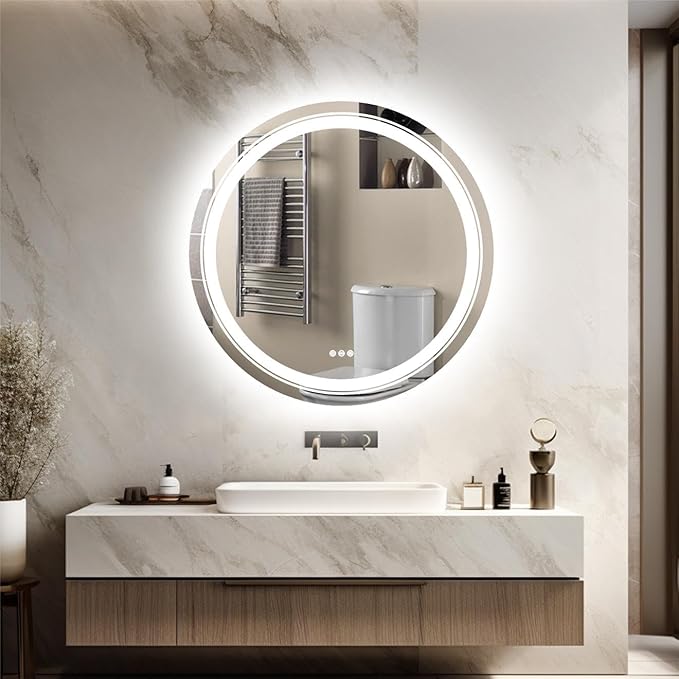 LUVODI Lighted LED Bathroom Mirror: 32” Circle Wall Mounted Large Lighted Makeup Mirror with Backlit and Front Light - Illuminated Dimmable 3 colors Vanity Mirrors with Demister Pad Smart Touch Switch