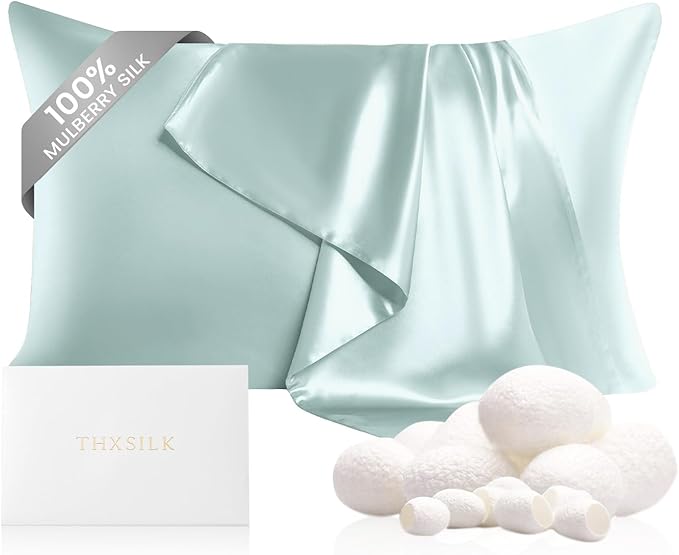 THXSILK Silk Pillowcase for Hair and Skin, 100% Mulberry Silk Bed Pillowcase 22 Momme, Hypoallergenic Soft Breathable Silk Pillow Case with Hidden Zipper, King Pillow Case 20"x36", Light Blue
