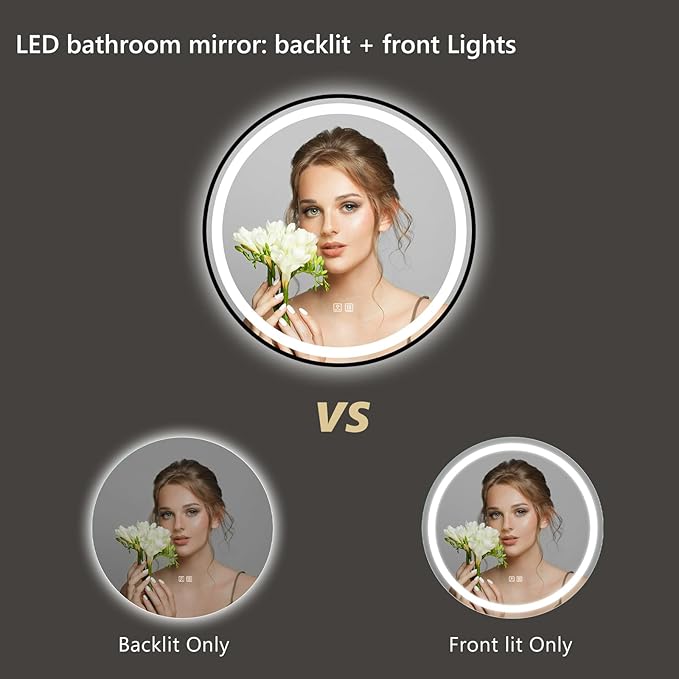 APRILSOUL 28 Inch Round Aluminum Framed LED Bathroom Mirror with Lights, Makeup Mirror with Front and Backlit, Anti-Fog, 3 Colors and Dimmable Light