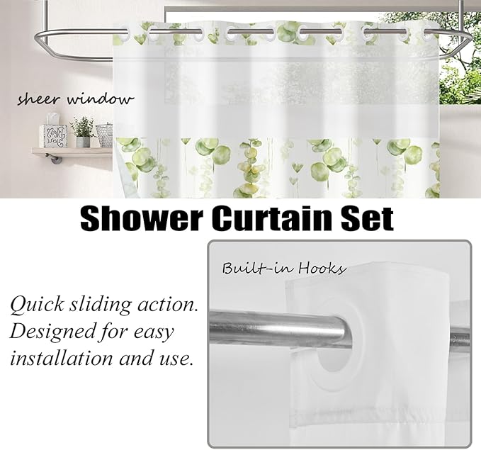 Green Leaves Shower Curtain No Hooks with Snap-in Fabric Liner Set,Spring Plant Vine Shower Curtain for Bathroom,Hotel Decor Waterproof Shower Curtains,with See Through Top Window,71W x 74H