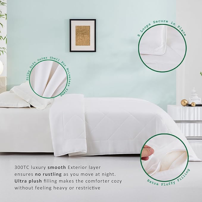 TOSMO Luxury Comforter, 100% Viscose from Bamboo Shell & Fill, Soft Breathable Cooling Silky Duvet Insert, Down Alternative Blanket for Restful Sleep (Queen, Light Weight White)