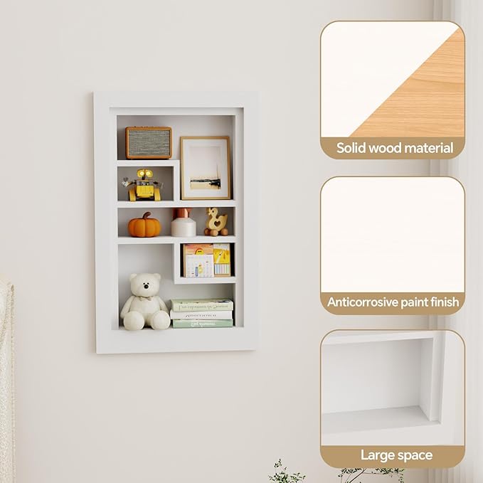 Solid Wood 14 X 24 Recessed Medicine Cabinet,3-Tier, Medicine Cabinet Organizer,Wall Niche, Bathroom Wall Cabinet, Recessed Bathroom Cabinet, Bathroom Cabinet with Storage White
