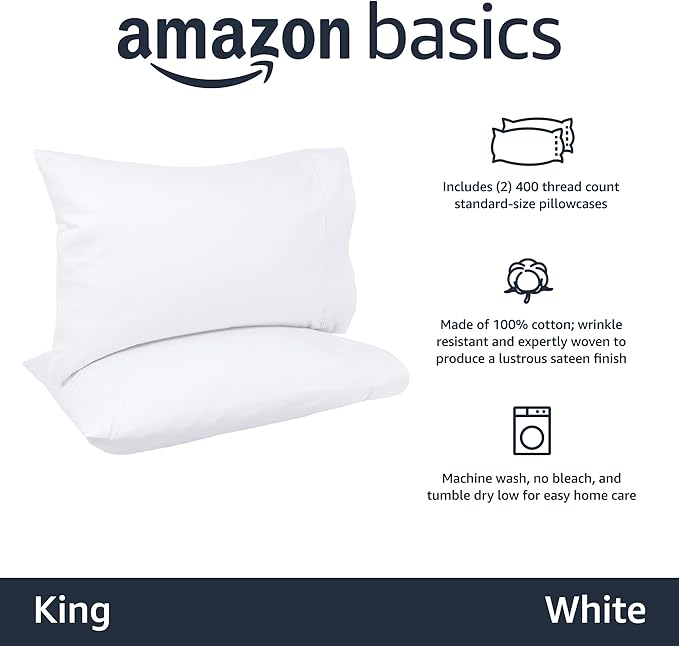 Amazon Basics 400 Thread Count Soft Cotton Pillow Case, King Size, 40" L x 20" W, Machine Washable, White - Set of 2, Pillows Not Included