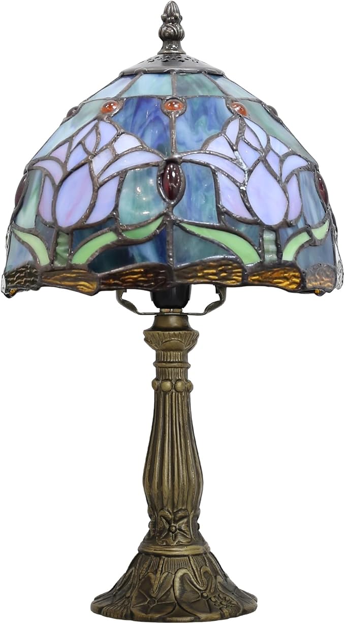 Tiffany Small Table Lamp for Bedroom Bedside Nightstand Table Lamps for Living Room 3 Way Color Temperatures Stained Glass Table Lamp 8X8X15 Inch Home Office Reading Desk Lamp (Pink Tulips)
