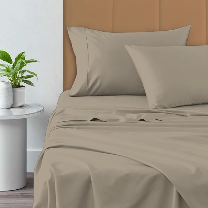 Pizuna Pure 100% Cotton Bed Sheets Set King Size Simply Taupe, 800 Thread Count 100% Long Staple Cotton Sateen King Sheet Set with 15" Deep 2 Extra Pillowcases (Combed Cotton Bed Sheet Set)
