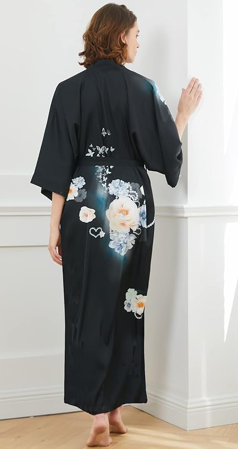 Ledamon Women's Kimono Long Robe - Classic Floral Bathrobe Nightgown