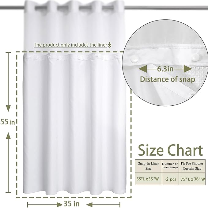 YellyHommy Waterproof Fabric Snap in Shower Curtain Liner Replacement with 2 Magnets 35" W x 55" L for 36" W x 75" L No Hook Shower Curtain - Removable & Detachable to Wash - White