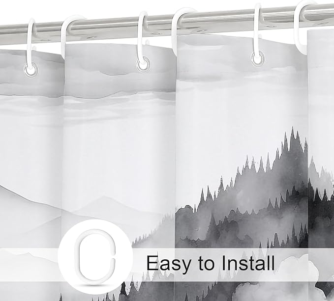 Black Long Misty Pine Forest Shower Curtain 72 x 78, Mountain Foggy Woodland Scenery Tree 78 Inch Long Shower Curtains for Bathroom, Abstract Waterproof Nature-Themed Decor