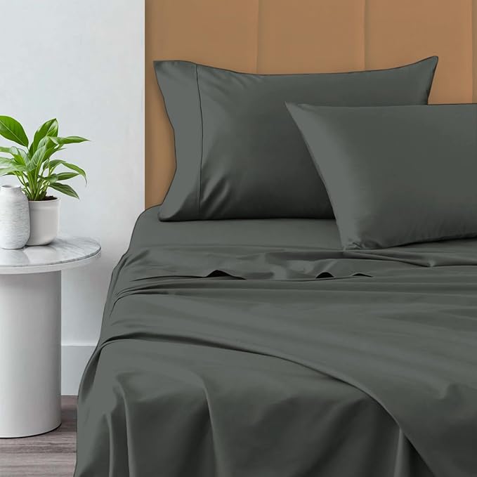 Pizuna Pure 100% Cotton California King Size Sheets, 800 Thread Count Long Staple Cotton Crisp Sateen Sheets with 15inch Deep Pocket (Dark Grey)