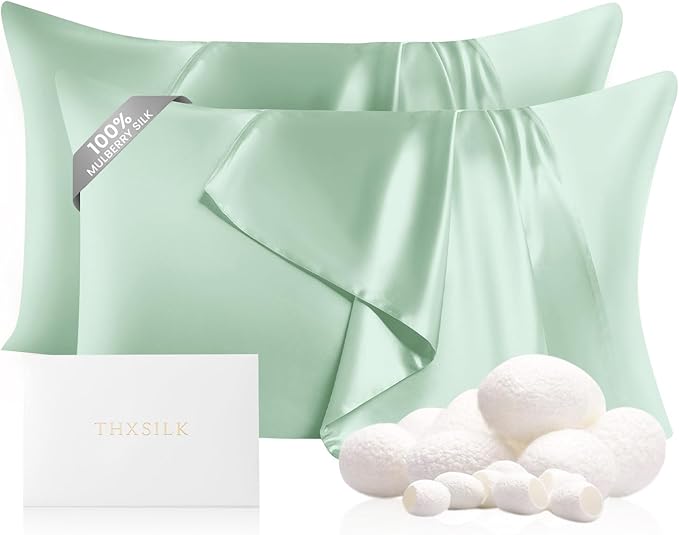 THXSILK Set of 2 100% Mulberry Silk Pillowcase for Hair and Skin, Grade 6A+ Mulberry Silk Pillow Cases 22 Momme, Hypoallergenic Pillow Case Cover with Zipper (Queen 20"x30", Turquoise Green)