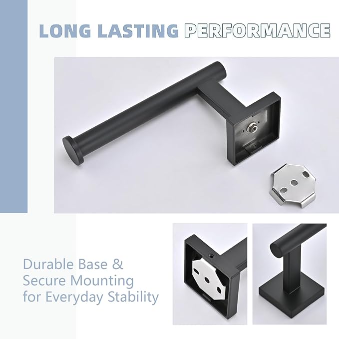 Matte Bathroom Hardware Set, Toilet Paper Holder with 2 Square Towel Hooks, 3PCS SUS 304 Stainless Steel Set, Wall Mounted, Rust Resistant, Modern Fingerprint-Free Finish (Black)